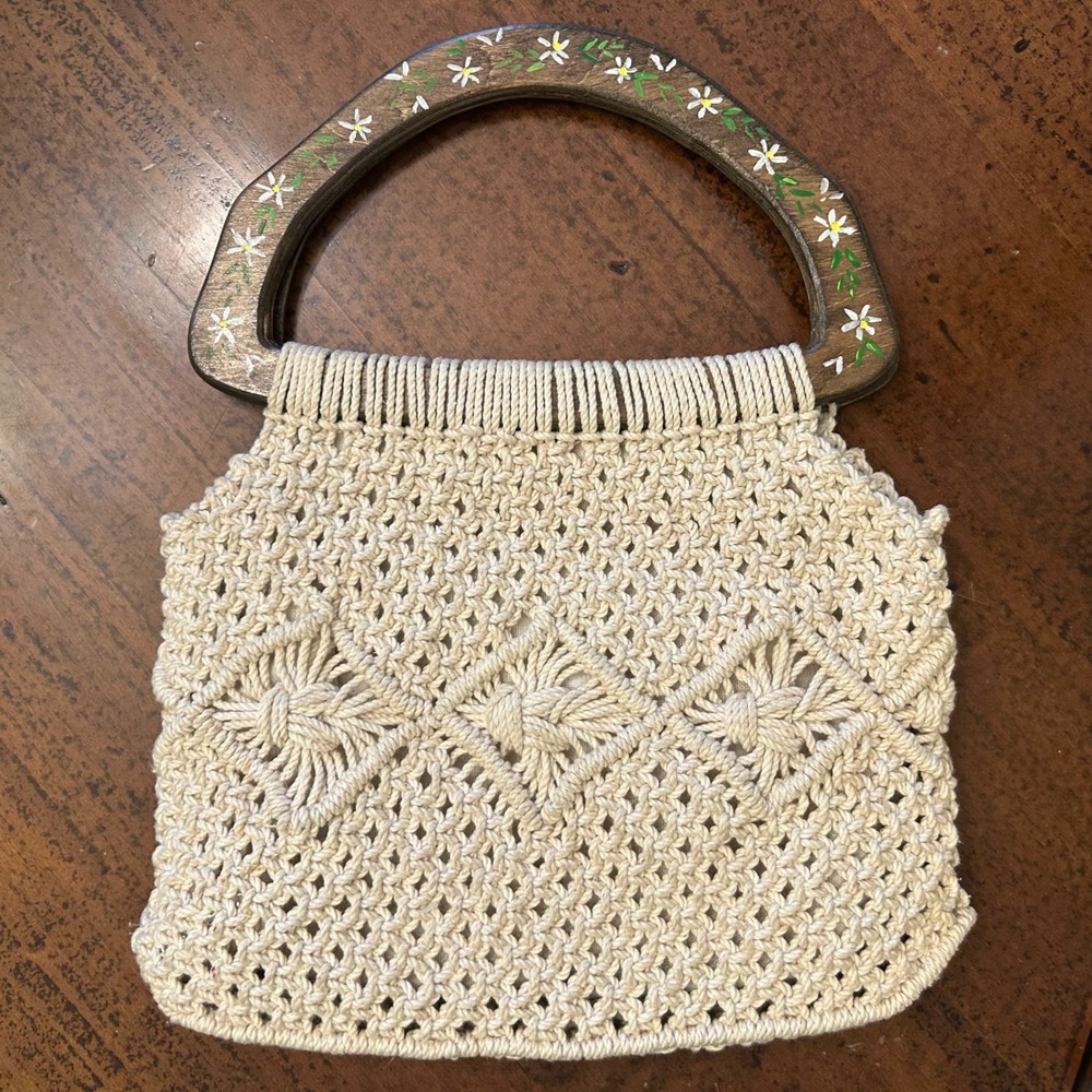 Vintage Macrame Cream Handbag Woven Boho Hand Painted Wood Handles 90's Y2K